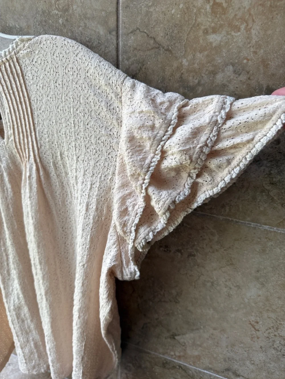 Anthropologie Lace Blouse Cream Pintucked Top Stretch Flutter Ruffle Sleeve XL - Picture 17 of 17